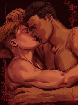 Rule 34 | 2boys, absurdres, arm up, blonde hair, brown eyes, brown hair, closed mouth, collarbone, commentary, couple, hand on another's head, hans capon, henry of skalitz, highres, kingdom come: deliverance, kingdom come: deliverance ii, kiss, looking at another, male focus, multiple boys, muscular, muscular male, nude, ora-illustration, pectorals, short sideburns, sideburns, smile, undercut, upper body, yaoi