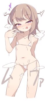 1girl arm_behind_back bikini blush brown_hair flat_chest highres loli looking_at_viewer micro_bikini original oyatu_potage purple_eyes short_hair simple_background smile smirk solo steaming_body sweat swimsuit tongue
