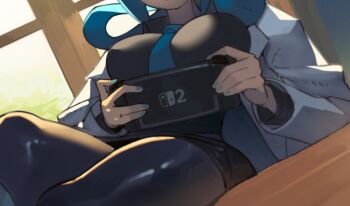 1girl black_shirt black_skirt blue_hair blue_necktie breasts coat commentary desk hair_rings handheld_game_console holding holding_handheld_game_console indoors large_breasts long_sleeves mable_(pokemon) nail_polish necktie nintendo nintendo_switch_2 open_clothes open_coat orlek pantyhose pokemon pokemon_legends:_z-a shirt skirt solo window