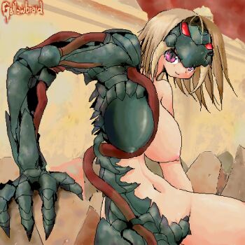 1girl aliasing blonde_hair breasts fang female_focus huge_breasts large_breasts looking_at_viewer lowres magic:_the_gathering monster_girl navel nude pink_eyes red_eyes scales smile solo yone88 yonezuka_ryou