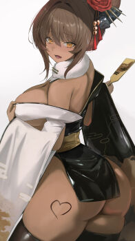 1girl absurdres ass black_kimono bodypaint breasts commentary_request cowboy_shot dark-skinned_female dark_skin egasumi from_behind fur_collar goddess_of_victory:_nikke hagoita hanetsuki heart highres huge_ass huge_breasts japanese_clothes kimono multicolored_kimono noir_(black_rabbit)_(nikke) noir_(nikke) official_alternate_costume orange_eyes paddle sloan_(shakabrah) solo thick_thighs thighs two-tone_kimono white_kimono