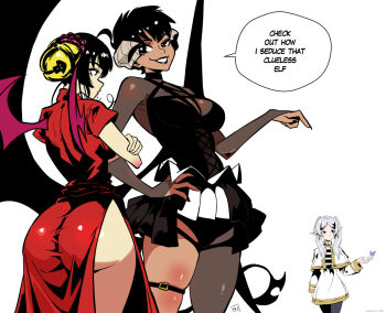 3girls ahoge arm_at_side ass bell black_eyes black_lips black_nails bodystocking borrowed_character breasts brown_bodystocking bug butterfly capelet closed_mouth commentary corona-chan crossed_arms dark-skinned_female dark_skin demon_girl demon_horns demon_tail demon_wings dress earrings elf english_commentary english_text fingernails frieren green_eyes grey_hair hair_bell hair_ornament hand_on_own_hip hand_up high_contrast horns insect jewelry kukuruyo large_breasts leotard long_hair long_sleeves looking_at_another multiple_girls original paid_reward_available pointing pointing_at_another pointy_ears red_dress red_lips see-through_bodystocking see-through_clothes short_sleeves side_slit simple_background skindentation smile sousou_no_frieren tail thigh_strap twintails white_background wings yuri