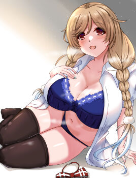 1girl absurdres black_thighhighs blue_bra blue_panties blush bow bowtie bra braid breasts brown_hair cloud_hair_ornament highres kantai_collection large_breasts long_hair looking_at_viewer lying minegumo_(kancolle) open_clothes open_mouth open_shirt panties red_eyes shigatsu_(soratobuusagi) shirt solo thighhighs twin_braids underwear white_shirt