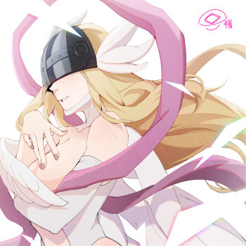 1girl absurdres ain_artisto angewomon bare_shoulders blonde_hair blush bodysuit breasts covered_eyes digimon digimon_(creature) helmet helmet_over_eyes highres large_breasts long_hair pink_ribbon ribbon simple_background solo upper_body white_background white_bodysuit white_wings winged_helmet wings
