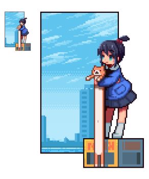 1girl 1other blue_eyes blue_hair blue_sky box building cat child closed_mouth dark_blue_hair eyebrows_hidden_by_hair hair_bobbles hair_ornament hug kindergarten_uniform light_smile longcat_(meme) looking_to_the_side omunikin on_box original outdoors pixel_art ponytail short_hair short_ponytail skirt sky socks transparent_background