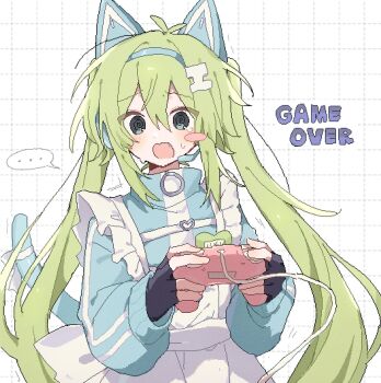 ... 1girl @_@ animal_ears apron black_gloves blue_jacket blush cat_ears cat_tail controller dot_nose fang fingerless_gloves frilled_apron frills game_controller game_over gil_(gil_261) gloves green_eyes green_hair grid_background hair_between_eyes headset highres holding holding_controller holding_game_controller jacket long_hair long_sleeves maid maid_apron open_mouth original pixel_art raised_inner_eyebrows solo speech_bubble spoken_ellipsis sweatdrop tail teardrop track_jacket twintails unconventional_maid very_long_hair white_apron white_background