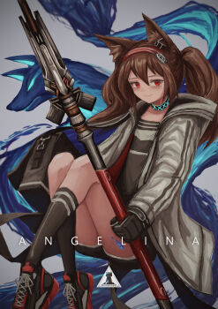 1girl absurdres andy2465 angelina_(arknights) animal_ear_fluff animal_ears arknights bag black_bag black_collar black_gloves black_shirt black_shoes black_shorts black_socks brown_hair character_name coat collar collarbone commentary_request earpiece floating fox fox_ears fox_girl gloves hair_between_eyes hairband highres holding holding_staff infection_monitor_(arknights) jacket kneehighs light_blush light_smile long_hair looking_at_viewer material_growth messenger_bag multicolored_hairband open_clothes open_coat open_jacket originium_arts_(arknights) oripathy_lesion_(arknights) red_eyes red_hairband red_jacket rhodes_island_logo_(arknights) shirt shoes short_shorts shorts shoulder_bag sneakers socks solo staff striped_clothes striped_hairband twintails two-tone_hairband vignetting white_coat