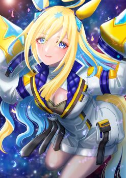 1girl ahoge animal_ears badge blonde_hair blue_eyes breasts button_badge cleavage cleavage_cutout closed_mouth clothing_cutout coat colored_inner_hair commentary_request cowboy_shot crop_top highres horse_ears horse_girl horse_tail long_hair looking_at_viewer looking_up multicolored_hair neo_universe_(umamusume) neo_universe_(universe-naut)_(umamusume) otono_(bkt4b) shirt sleeves_past_fingers sleeves_past_wrists small_breasts solo star_(sky) tail umamusume white_coat