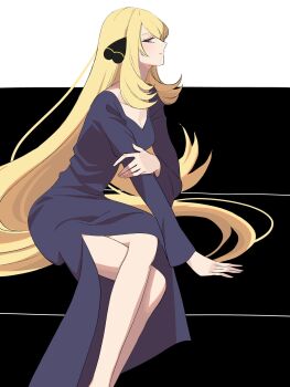 1girl alternate_costume bare_legs black_dress black_shoes blonde_hair border breasts crossed_legs cynthia_(pokemon) dress from_side hair_ornament hand_on_own_arm head_out_of_frame high_heels highres legs long_hair long_sleeves loo medium_breasts mijukuma nintendo outside_border pokemon pokemon_dppt profile shoe_dangle shoes side_slit sidelocks sitting solo very_long_hair white_border