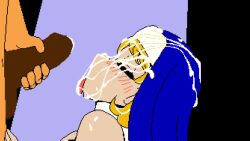 1boy 1girl :&gt;= animated blonde_hair blue_background blue_eyes blush breasts breathing bukkake censored closed_eyes cum cum_on_body ejaculation erection facial fellatio from_side hand_on_another&#039;s_thigh heart hetero highres jermaneels large_breasts nun open_mouth oral original penis pixel_art tagme tongue tongue_out video