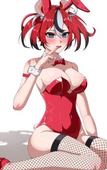 1girl 9tailsu absurdres animal_ear_fluff animal_ears ass black_hair black_streaks blue_eyes blush bow bowtie breasts commentary covered_navel detached_collar dice_hair_ornament double-parted_bangs fake_animal_ears fake_tail fang finger_to_mouth fishnet_thighhighs fishnets hair_between_eyes hair_ornament hakos_baelz high_heels highres hololive hololive_english leotard looking_at_viewer medium_breasts mouse_ears mouse_tail multicolored_hair open_mouth playboy_bunny rabbit_ears rabbit_tail red_bow red_bowtie red_hair red_leotard red_shoes shadow shoes sitting skin_fang tail thighhighs thighs twintails uneven_twintails virtual_youtuber wariza white_background white_hair wrist_cuffs
