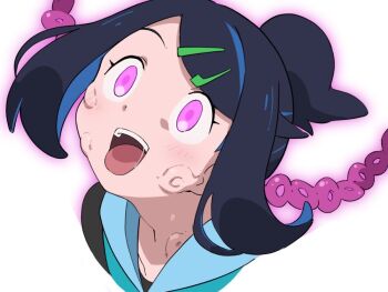 1girl black_shirt collarbone commentary_request corruption cropped_shoulders glowing hair_ornament hairclip head_back hitsugi_mc liko_(pokemon) mind_control mochi_mochi_dance nintendo open_mouth pokemon pokemon_(anime) pokemon_horizons ponytail portrait purple_eyes saliva shirt short_ponytail swept_bangs teeth tongue under_skin upper_teeth_only vest