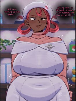 anger_vein annoyed breasts dark-skinned_female dark_skin doujinpearl dress english_text frown grey_eyes hair_rings hat highres huge_breasts joy_(pokemon) looking_at_viewer nintendo nurse pink_sweater plump pokemon pokemon_legends:_z-a red_hair speech_bubble sweater thought_bubble turtleneck turtleneck_sweater very_dark_skin white_dress white_hat