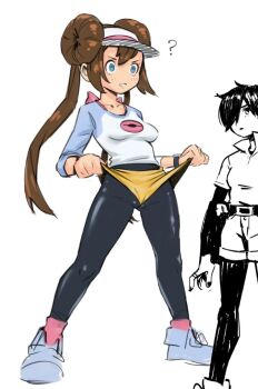 2girls ? @_@ black_pantyhose blue_shoes breasts brown_hair cameltoe collarbone donut_hair_bun double_bun gmun hair_bun legs_apart lifting_own_clothes light_blush long_hair medium_breasts mind_control multiple_girls nintendo pantyhose pantyhose_under_shorts pink_socks pokemon pokemon_bw2 raglan_sleeves rosa_(pokemon) shirt shoes short_shorts shorts shorts_lift simple_background socks standing three-quarter_sleeves twintails visor_cap white_background yellow_shorts