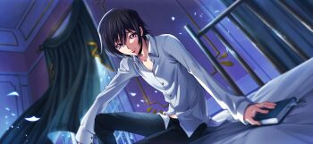 1boy arm_on_knee arm_support artist_request black_hair black_pants blurry blurry_background book bookmark buttons closed_mouth code_geass code_geass:_lost_stories collarbone collared_shirt curtains depth_of_field dutch_angle falling_petals game_cg hair_between_eyes half-closed_eyes happy highres holding holding_book indoors knee_up leaning_to_the_side lelouch_vi_britannia long_sleeves looking_at_viewer male_focus night non-web_source official_art on_bed pants pectoral_cleavage pectorals petals purple_eyes shirt short_hair sidelocks sitting smile solo white_shirt window