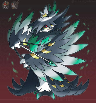 albrt-wlson alternate_color arrow_(projectile) black_sclera bright_pupils character_name closed_mouth colored_sclera commentary english_commentary full_body fusion gen_4_pokemon highres hisuian_decidueye instagram_username mega_staraptor nintendo no_humans official_art_inset one_eye_covered pokemon pokemon_(creature) pokemon_focus red_eyes reference_inset shiny_pokemon solo staraptor white_pupils