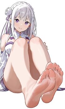 1girl absurdres artist_name bare_shoulders barefoot blush braid convenient_leg crown_braid detached_sleeves dress emilia_(re:zero) feet flower foot_focus foreshortening full_body grey_hair hair_flower hair_ornament highres knees_up legs legs_together looking_at_viewer payetvore pointy_ears purple_dress purple_eyes re:zero_kara_hajimeru_isekai_seikatsu short_dress sidelocks simple_background smile soles solo thighs toes twitter_username white_background white_dress