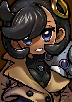 1girl baby_animal black_hair blue_eyes brown_background brown_coat cat close-up coat emma_(pokemon) espurr gen_6_pokemon grey_fur grin hair_ornament highres idemaru kitten looking_at_viewer mega_stone nintendo on_shoulder pokemon pokemon_(creature) pokemon_legends:_z-a signature simple_background smile teeth upper_body
