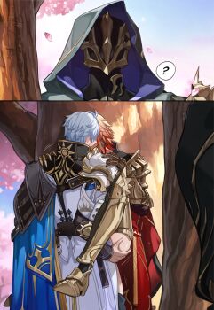 3boys ? antenna_hair armor armored_boots black_cloak black_coat black_pants black_shirt blonde_hair blue_cape blue_sky boots cape caught cherry_blossoms clawed_gauntlets cloak coat commentary earrings falling_petals flame_reaver_of_the_deepest_dark gold_earrings gradient_hair hand_on_another's_ass hand_on_another's_shoulder highres honkai:_star_rail honkai_(series) hood hood_up hooded_cloak implied_kiss implied_sex jean_warrior00 jewelry kiss male_focus mask medium_hair multicolored_hair multiple_boys mydei_(honkai:_star_rail) neck_tattoo open_clothes open_coat pants pauldrons petals phainon_(honkai:_star_rail) red_cape red_hair red_tattoo shirt short_hair shoulder_armor side_cape single_pauldron sky spoken_question_mark sun_print symbol-only_commentary tattoo walk-in white_coat white_hair yaoi