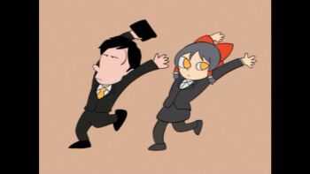 1960s_(style) 1boy 1girl animated animated_gif arms_up black_footwear black_pants black_pantyhose black_skirt blazer bow brown_background chinese_commentary closed_mouth commentary_request cookie_(touhou) dahaoli expressionless full_body hai_yorokonde hair_bow hair_tubes hakurei_reimu jacket long_sleeves looking_at_viewer looping_animation necktie office_lady oldschool pants pantyhose pillarboxed red_bow retro_artstyle salaryman sananana_(cookie) shirt shoes short_hair simple_background skirt touhou white_shirt yellow_eyes yellow_necktie