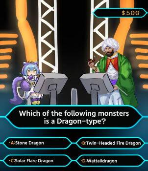 Rule 34 | 1boy, 1girl, alternate language, apron, beard, blue hair, blue kimono, check commentary, closed mouth, coat, commentary request, dollar sign, dragon girl, dragon horns, dragon tail, duel monster, eastern dragon horns, english text, facial hair, full body, green coat, hair between eyes, hatano kiyoshi, highres, holding, holding smoking pipe, horns, japanese clothes, kimono, laundry dragonmaid, long sleeves, maid, maid apron, monitor, open clothes, open coat, parody, quiz, reasoning (yu-gi-oh!), robe, sidelocks, sitting, smoking pipe, tail, turban, wa maid, white robe, who wants to be a millionaire?, yellow eyes, yu-gi-oh!