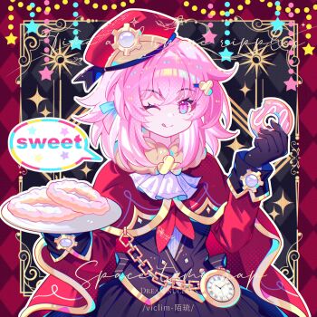 1girl alternate_costume back_bow black_bow black_gloves blue_eyes bow closed_mouth commentary dress english_text food gloves hair_ornament hat highres holding holding_food holding_plate honkai:_star_rail honkai_(series) long_sleeves march_7th_(honkai:_star_rail) merry_christmas multicolored_eyes one_eye_closed pink_eyes pink_hair plate pocket_watch ribbon smile solo tongue tongue_out viclim-monou watch