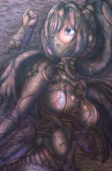 1girl aqua_dress blue_eyes braid breaking breasts broken bun_with_braided_base cardigan crack cracked_skin crumbling d4dj debris doshiroto dress grey_hair high_ponytail highres long_hair looking_to_the_side amputee niijima_ibuki open_mouth petrification ponytail purple_cardigan ruins ryona scared severed_limb statue tears