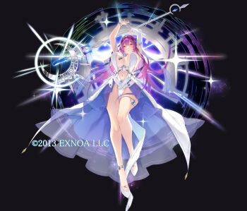 1girl 2013 arms_up awakening_(sennen_sensou_aigis) bracelet breasts breasts_apart bridal_gauntlets commentary_request company_name copyright_notice crescent crescent_hair_ornament crescent_wand crossed_legs dagger dress floating floating_clothes floating_hair gluteal_fold groin hair_ornament hair_ribbon hecatie_(sennen_sensou_aigis) holding holding_dagger holding_knife holding_wand holding_weapon jewelry knife large_breasts layered_dress legs long_hair long_legs looking_at_viewer magic nanahara_fuyuki navel necklace official_art parted_lips pendant purple_dress purple_eyes revealing_clothes ribbon sennen_sensou_aigis shoes single_bridal_gauntlet solo sparkle thigh_strap thighs tiara twintails wand weapon white_dress white_shoes white_sleeves white_tiara