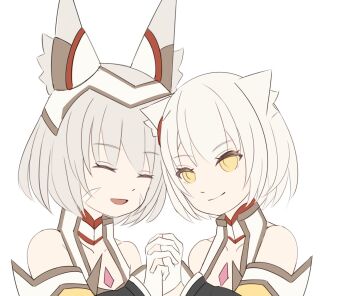 2girls animal_ears cat_ears chest_jewel choker closed_eyes commentary detached_sleeves dress english_commentary grey_hair highres holding_hands mh7471778854146 mio_(xenoblade) multiple_girls nia_(xenoblade) short_hair smile strapless strapless_dress unfinished white_hair xenoblade_chronicles_(series) xenoblade_chronicles_2 xenoblade_chronicles_3 yellow_eyes