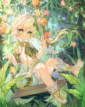 1girl bare_shoulders bug butterfly closed_mouth cross-shaped_pupils detached_sleeves dress flower forest full_body genshin_impact glowing_butterfly gradient_hair green_eyes green_hair hair_ornament highres insect leaf_hair_ornament long_hair looking_at_viewer multicolored_hair nahida_(genshin_impact) nature on_swing oriane pink_flower plant pointy_ears short_sleeves shorts shorts_under_dress side_ponytail sitting smile solo swing symbol-shaped_pupils toeless_legwear tree vines white_dress white_hair white_shorts yellow_flower