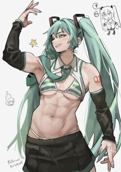 1girl abs absurdres arm_up bad_tag bikini body_markings commentary dashi_(dashiart) detached_sleeves english_commentary flexing hatsune_miku highres looking_to_the_side muscular muscular_female nail_polish necktie necktie_aside open_clothes panties pleated_skirt skirt smirk solo standing star_(symbol) straight-on striped_bikini striped_clothes swimsuit underwear upper_body
