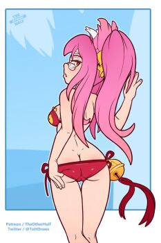 1girl 2019 adjusting_clothes adjusting_swimsuit alternate_breast_size_(larger) animal_ears arc_system_works arm_up artist_name ass bell bikini blazblue blush border breasts butt_crack cameltoe cat_ears cat_girl commentary dimples_of_venus english_commentary feet_out_of_frame female_focus glasses kneepits kokonoe_(blazblue) long_hair looking_at_viewer looking_back medium_breasts open_mouth outside_border pince-nez pink_hair red_bikini shoulder_blades side-tie_bikini_bottom sideboob sideways_glance solo swimsuit the_other_half yellow_eyes