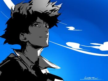 Rule 34 | 1boy, blue sky, closed mouth, cloud, cowboy bebop, greyscale, kotatsu (g-rough), male focus, monochrome, signature, sky, smile, solo, spike spiegel