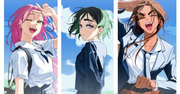 3girls alien_stage bag black_bag black_jacket black_necktie black_skirt blazer blue_necktie blue_skirt blue_sky brown_bag brown_hair closed_mouth cloud collared_shirt commentary dark-skinned_female dark_skin english_commentary green_hair hand_up holding holding_bag hyuna_(alien_stage) jacket kuradrawings long_hair long_sleeves looking_at_viewer looking_to_the_side mizi_(alien_stage) multiple_girls necktie one_eye_closed open_mouth pink_hair purple_eyes shirt short_hair short_sleeves shoulder_bag skirt sky smile solo sua_(alien_stage) teeth thick_eyebrows upper_teeth_only very_long_hair white_shirt yellow_eyes