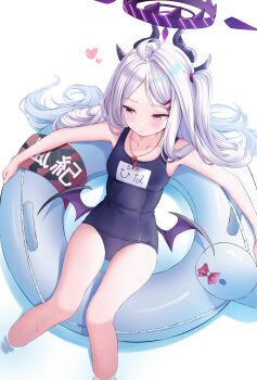 1girl absurdres ahoge black_halo blue_archive breasts commentary_request demon_girl demon_horns demon_wings halo heart highres hina_(blue_archive) hina_(swimsuit)_(blue_archive) horns innertube long_hair low_wings norazura old_school_swimsuit school_swimsuit sitting small_breasts solo swim_ring swimsuit very_long_hair white_hair wings