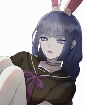 1girl animal_ears black_choker black_serafuku blue_eyes blue_hair blunt_bangs boruto:_two_blue_vortex braid choker earrings highres hugging_own_legs ifevilwhyuhot jewelry kakei_sumire kemonomimi_mode long_hair low_twin_braids multiple_earrings naruto_(series) purple_lips rabbit_ears school_uniform serafuku smile solo twin_braids upper_body