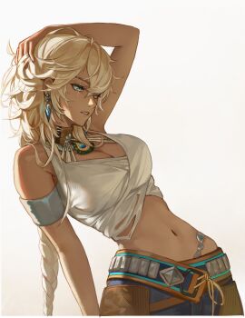 1girl absurdres argus_(reverse:1999) belt blonde_hair breasts brown_choker chaps choker cleavage dark-skinned_female dark_skin grey_eyes hand_on_own_head heterochromia highres hip_bones leaning_back long_braid medium_breasts midriff neck_flower peacock_feathers reverse:1999 scar scar_across_eye scar_on_face tank_top wamel_(didwatermelon41) white_tank_top yellow_eyes