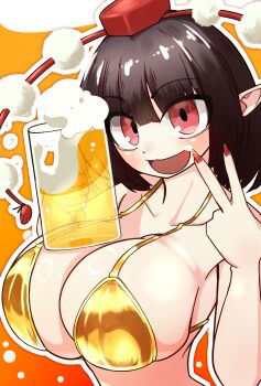 Rule 34 | alcohol, beer, beer mug, bikini, black hair, breasts, commentary request, cup, drinking glass, gold bikini, hat, highres, holding, holding cup, huge breasts, looking at viewer, mug, pointy ears, pom pom (clothes), red background, red eyes, red hat, red nails, shameimaru aya, short hair, swimsuit, tokin hat, touhou, ugogo illust, upper body