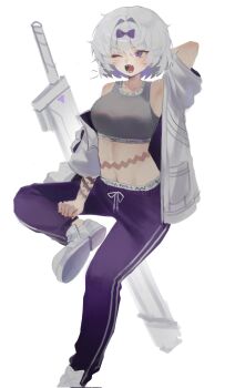 1girl bow full_body grey_sports_bra hair_bow highres hood hoodie kira_(project_moon) limbus_company open_clothes open_hoodie open_mouth pants project_moon purple_bow purple_eyes purple_pants scar sharp_teeth short_hair simple_background solo sports_bra sweatpants tattoo teeth weapon white_hair yuchan_00001