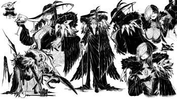 Rule 34 | 1girl, alcohol, alternate costume, animal skull, breasts, cane, claws, commentary, cropped torso, cup, dress, drinking glass, eye trail, eyes in shadow, feather-trimmed dress, feathers, fishnet top, fishnets, full body, greyscale, grin, hair over one eye, hat, highres, holding, holding cane, holding cup, hololive, hololive english, jewelry, large breasts, light trail, long hair, looking at viewer, monochrome, monster, multicolored hair, multiple views, nebradisk, necklace, novelites (shiori novella), one eye covered, open mouth, plume, scales, shiori novella, signature, simple background, sitting, skull necklace, smile, split-color hair, standing, two-tone hair, virtual youtuber, wine, wine glass, yorick (shiori novella)