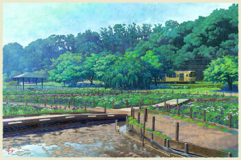 bench bridge cloud day fence flower forest grass landscape mugumo_24k multiple_unit_train nature no_humans original outdoors park path power_lines railing revision road scenery seibu_railway tokyo_(city) train tree veranda water wet wooden_bridge