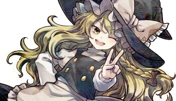 1girl apron black_hat black_skirt black_vest blonde_hair bow braid game_cg hair_bow hat hat_bow highres kirisame_marisa long_hair long_sleeves looking_at_viewer marisa_of_liartop_mountain non-web_source official_art one_eye_closed open_mouth second-party_source side_braid single_braid skirt smile socha solo touhou transparent_background v very_long_hair vest waist_apron white_apron witch_hat