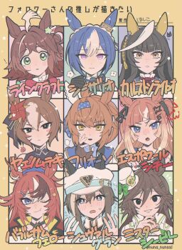 Rule 34 | 6+girls, ahoge, animal ears, black hair, brown hair, bubble gum fellow (umamusume), calstone light o (umamusume), cesario (umamusume), character name, cheval grand (umamusume), commentary request, espoir city (umamusume), furioso (umamusume), green eyes, hair between eyes, hair ornament, hat, highres, horse ears, horse girl, hoshikokamiji, long hair, looking at viewer, multiple girls, one eye closed, orange hair, portrait, rhein kraft (umamusume), simple background, smile, umamusume, yaeno muteki (umamusume)
