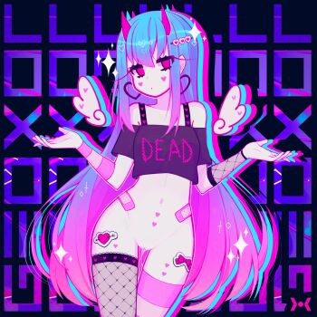 1girl ariimaw bandaid blush body_writing clitoris cowboy_shot cum hair_ornament heart heart_hair_ornament highres horn_ornament horns long_hair net_stockings phone pussy_juice pussy_piercing solo sparkle sticker tagme taking_picture thighhighs third-party_edit wings