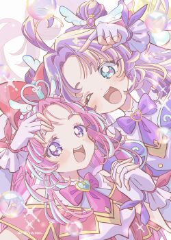 2girls :d absurdres ahoge akechi_anna aqua_eyes artist_name blush bow commentary_request cure_answer cure_mystique dress eyelashes fingerless_gloves gloves hair_bow hair_ornament happy highres holding_hands kobayashi_mikuru lilylily0601 long_hair looking_at_viewer magical_girl meitantei_precure! multiple_girls off-shoulder_dress off_shoulder one_eye_closed open_mouth parted_bangs pink_hair precure purple_eyes purple_hair smile twitter_username