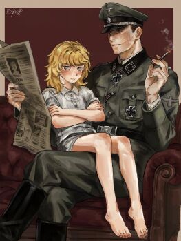 1boy 1girl age_difference art_trade artist_name bare_arms bare_legs barefoot between_fingers black_boots black_eyes blonde_hair blush boots border brown_border brown_hair buttons cigarette collared_jacket collared_shirt commentary couch cross crossed_arms crossed_legs cyril_1214 empty_eyes english_commentary expressionless fanfiction_available feet_out_of_frame film_grain fingernails frown full_body green_eyes grey_jacket grey_pants grey_shorts hair_behind_ear hands_up highres holding holding_cigarette holding_newspaper iron_cross jacket jitome knee_boots lapels layered_sleeves long_sleeves looking_ahead looking_at_viewer looking_to_the_side medium_hair nazi newspaper no_pupils nostrils on_couch original outside_border pants peaked_lapels pocket puffy_pants reading red_background ribbed_shirt shirt short_hair short_shorts shorts simple_background sitting sitting_on_lap sitting_on_person smoke soldier sparkle stitched_mouth stitches swept_bangs toes very_short_hair white_shirt world_war_ii