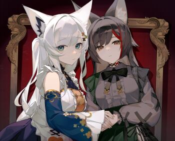 2girls :/ animal_ear_fluff animal_ears apron aqua_eyes back_bow black_bow black_bowtie blunt_sidelocks bow bowtie brown_eyes center_frills chinese_clothes choker cine_(wazd0183) clover_hair_ornament colored_inner_hair cross-laced_clothes cross-laced_sleeves detached_sleeves fingernails four-leaf_clover_hair_ornament fox_ears fox_girl frilled_shirt frills green_shirt grey_shirt hair_ornament heads_together high-waist_skirt highres holding_hands hololive long_hair long_sleeves maid maid_apron mandarin_collar multicolored_hair multiple_girls official_alternate_costume official_alternate_hairstyle ookami_mio ookami_mio_(8th_costume) parted_lips picture_frame pleated_sleeves qi_maid red_streaks shirakami_fubuki shirakami_fubuki_(waitress) shirt sidelocks skirt swept_bangs two-tone_skirt upper_body virtual_youtuber white_hair wide_sleeves wolf_ears wolf_girl x_hair_ornament