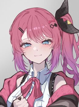 1girl absurdres blue_eyes blush closed_mouth commentary_request crying highres jewelry kuramochi_meruto kuramochi_meruto_(1st_costume) light_blush light_smile looking_at_viewer nijisanji pink_hair pink_ribbon ribbon ring side_ponytail smile solo virtual_youtuber yozakura_nozomu