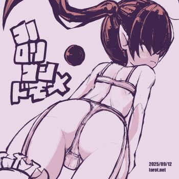 1girl ass back backbeako_(torotei) backbeard blush bra cameltoe closed_mouth commentary dated dated_commentary frilled_thigh_strap from_behind garter_belt gegege_no_kitarou hair_over_one_eye kono_lolicon_domome light_frown long_hair looking_to_the_side monochrome one_eye_closed original paid_reward_available panties petite pink_background pink_theme pointy_ears simple_background solo thigh_strap torotei translated twintails underwear underwear_only watermark web_address