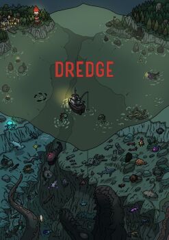 absurdres anglerfish boat bottle cliff cod column copyright_name corruption creature dock dredge_(video_game) eel fish fishing_rod flounder flying_fish from_above gozz grouper_(fish) hammerhead_shark highres jellyfish lighthouse night ocean ocean_sunfish octopus opah_(moonfish) painterly pillar red_snapper ripples rock ruins scenery squid stingray tentacles tower village watercraft